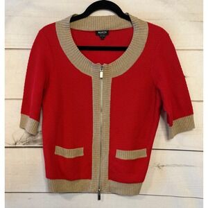 WORTH NEW YORK Red Tan Knit Zip Front Cardigan Sweater 3/4 Sleeve Pockets Size S